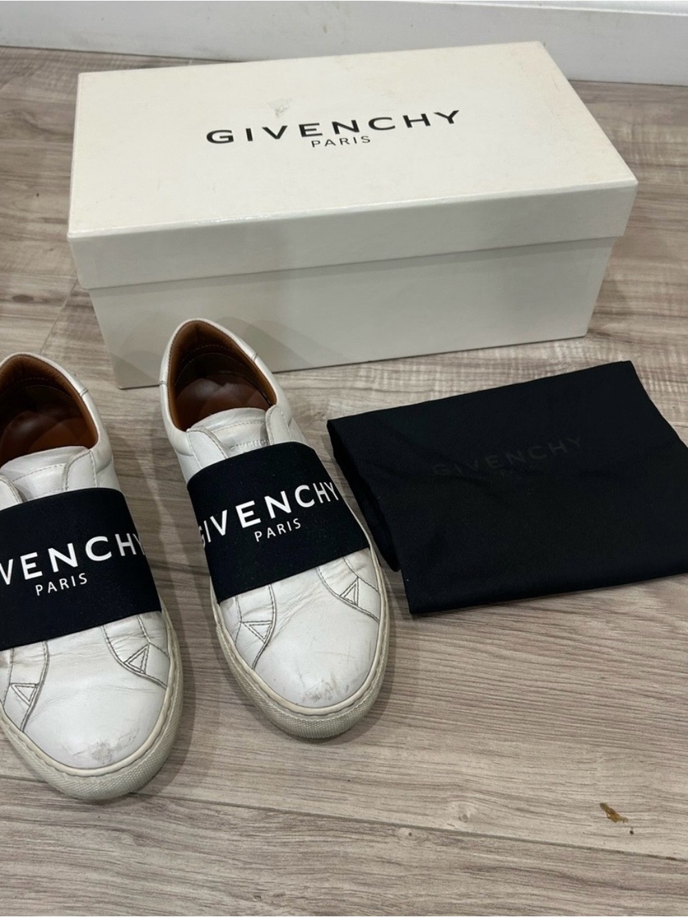 Givenchy White Leather Slip-Ons with Black Logo Band